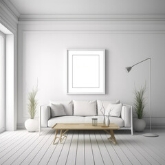Obraz na płótnie Canvas mockup photo of a large blank frame on floor with thin light wooden frame moulding, white background wall . Generative AI