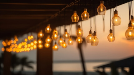 Lights in summer beach cafe. Illustration AI Generative