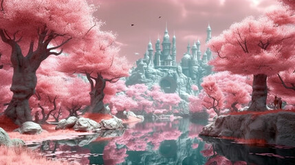 Magic, dreamy, surreal fairytale world in pastel pink colors. generative ai