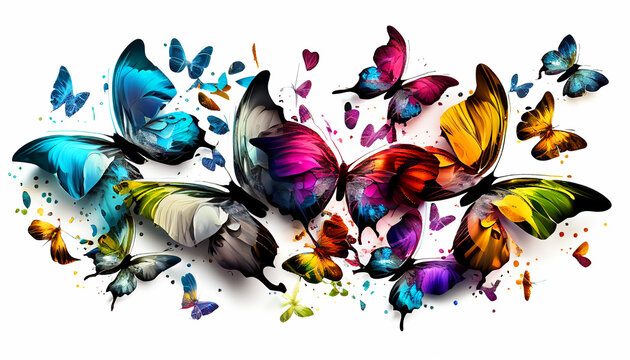 Beautiful abstraction from bright butterflies on a white background