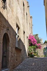 Fototapeta na wymiar A street in the old town of Rhodes island in Greece with pink flowers on background