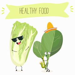 Illustration with funny characters Chinese cabbage, lettuce,  cabbage,peking,  spinach. Funny and healthy food. Vitamins, salad, cute face food, ingredients, vegetarian, vector cartoon, agriculture.
