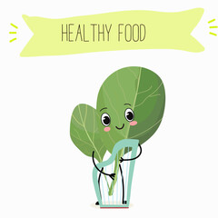 Illustration with funny characters Chinese cabbage, lettuce,  cabbage,peking,  spinach. Funny and healthy food. Vitamins, salad, cute face food, ingredients, vegetarian, vector cartoon, agriculture.