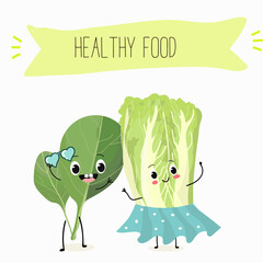 Illustration with funny characters Chinese cabbage, lettuce,  cabbage,peking,  spinach. Funny and healthy food. Vitamins, salad, cute face food, ingredients, vegetarian, vector cartoon, agriculture.