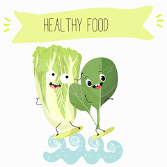Illustration with funny characters Chinese cabbage, lettuce,  cabbage,peking,  spinach. Funny and healthy food. Vitamins, salad, cute face food, ingredients, vegetarian, vector cartoon, agriculture.