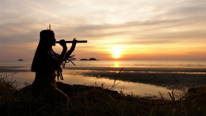 A Native American Indian plays music on a bamboo flute. © Alexander