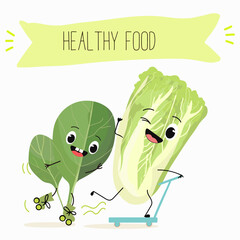 Illustration with funny characters Chinese cabbage, lettuce,  cabbage,peking,  spinach. Funny and healthy food. Vitamins, salad, cute face food, ingredients, vegetarian, vector cartoon, agriculture.