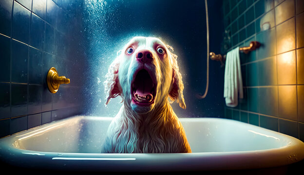 Dog sitting in bathtub with its mouth open and shower head in the background. Generative AI.