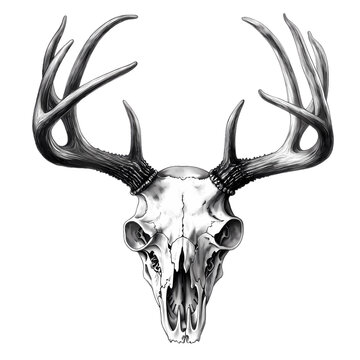 Antlers with Skull, Black and White Clip Art, Image Isolated on Transparent Background. Generative AI