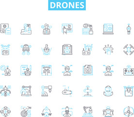 Drones linear icons set. Flying, Quadcopters, Remote-controlled, Unmanned, Hovering, Aerial, Surveillance line vector and concept signs. Photography,Precision,Autonomous outline Generative AI