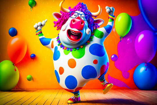 Cartoon character is dancing in room with balloons and clown mask. Generative AI.