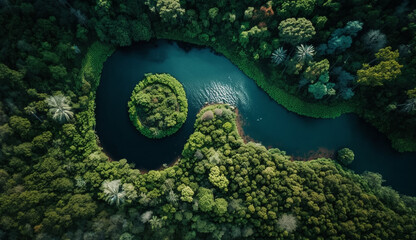 Aerial view of a river surrounded by trees. Generative Ai