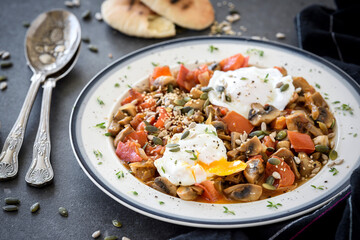 Mushroom Hash With Poached Eggs  - 597517923