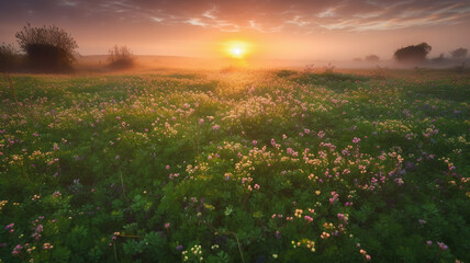 A field of flowers with the sun setting behind it. Generative Ai
