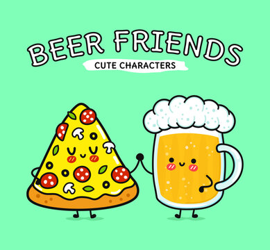 Cute, funny happy glass of beer and pizza. Vector hand drawn cartoon kawaii characters, illustration icon. Funny cartoon glass of beer and pizza mascot character concept