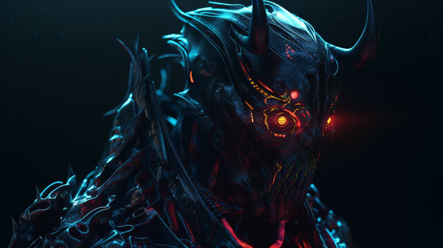A dark alien with a red glowing eye and a helmet with a head that says alien. Generative Ai