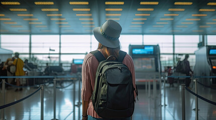 Back view of young traveller woman with suitcase standing in airport terminal. Generative AI
