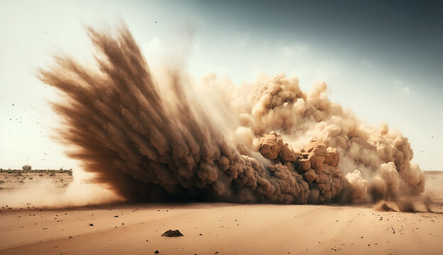 A desert scene with a sand dune and a sand explosion. Generative Ai