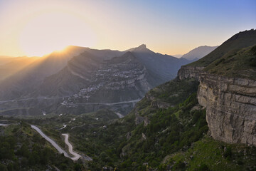 Fototapeta na wymiar Beautiful sunset over Gunib mountain valley