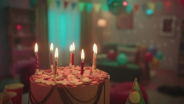 A festive cake with burning candles on the background of a room decorated for a festive party. A mirrored disco ball flickers and reflects in the background. Close up.