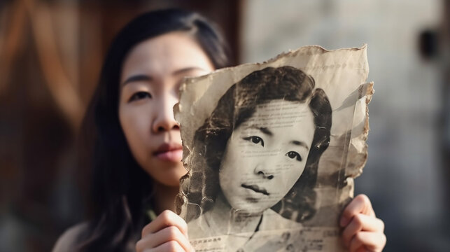 Family Tree Concept, Dna, Genes, Ancestors. Asian Woman Holds In Her Hands An Old Vintage Photo Of Her Grandmother, Relatives. AI Generated