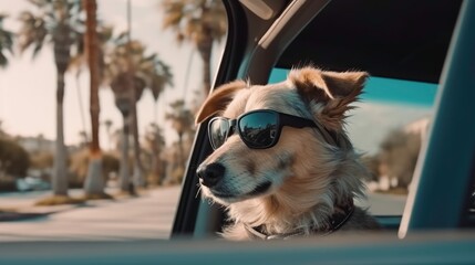 Dog in sunglasses looking out of car window on a sunny day - generated by AI