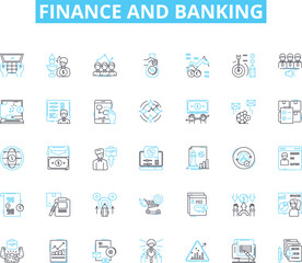 Finance and banking linear icons set. Investment, Budgeting, Credit, Interest, Savings, Loans, Mortgage line vector and concept signs. Insurance,Debt,Audit outline illustrations Generative AI