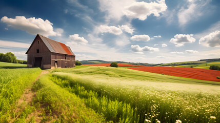 An Idyllic Image of a Picturesque Barn Nestled Among Rolling Hill, generative AI