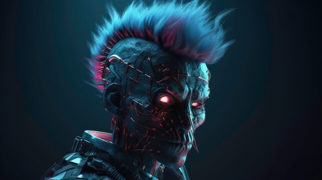 Cyberpunk humanoid with a neon mohawk (AI generated image)