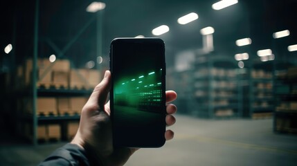 Phone shooting a logistics warehouse in a hand (AI generated image)