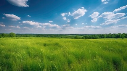 Fototapeta na wymiar Green Grass and Blue Sky in the Steppe (AI Generated)