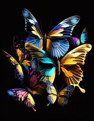Obraz na płótnie Canvas Beautiful abstraction from bright butterflies on a black background