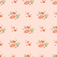 In this seamless pattern, consists of a delicate bouquet of orange flowers interspersed with soft green leaves. Place on an orange background, it looks warm, sweet and beautiful.