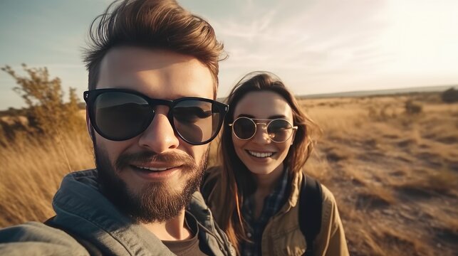 Happy travelers smiling for a selfie with a landscape background (AI generated image)