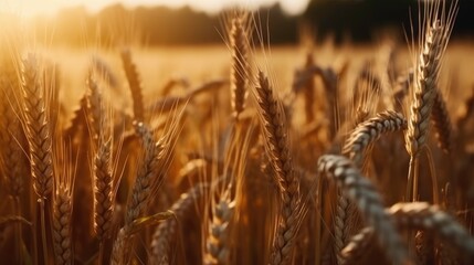 Fototapeta premium Wheat Ears in a Field at Sunset (AI Generated)