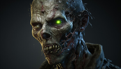 A zombie with green eyes and a green eye. Generative Ai