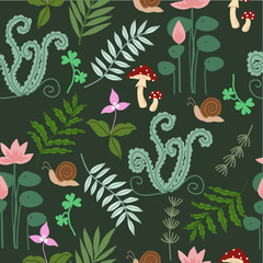 Seamless nature pattern with snails, flowers, leaves, grass, lotus, mushroom, cover on green background.