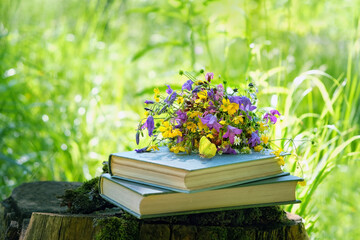 books with colorful meadow flowers on stump, abstract natural green background. Relax, Reading,...