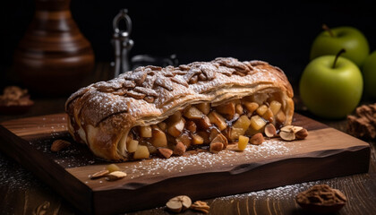 Freshly baked apple strudel on rustic wood table generated by AI
