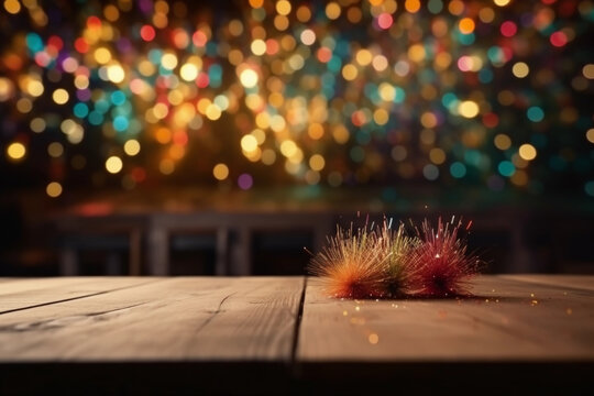 Colorful lights and fireworks with blurred background with empty wooden table with free space for product display and mockup, copy space, small depth of field, ai generated – human enhanced