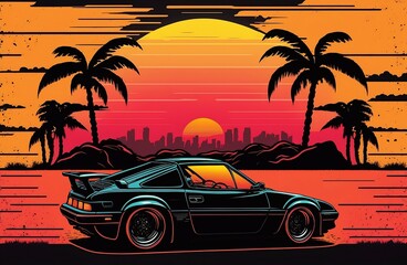 90s sports car and sunset view