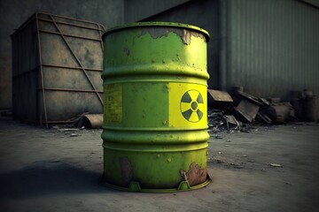 A barrel with radioactive waste near the dumpsters