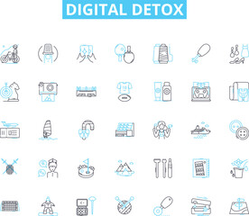 Digital detox linear icons set. Unplug, Disconnect, Reconnect, Mindfulness, Balance, Focus, Relaxation line vector and concept signs. Wellness,Renewal,Nature outline illustrations Generative AI