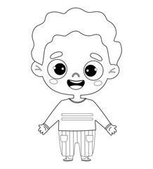 Cute smiling boy. Outline drawing coloring book. Vector illustration. Childrens collection. Isolated funny kid on white background.