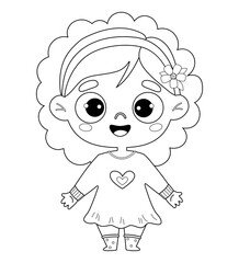 Cute kid girl. Outline drawing coloring book. Vector illustration. Childrens collection. Isolated funny kid character on white background.