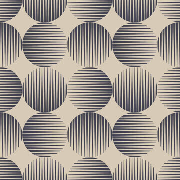 Different Circles with Hatching Seamless Pattern Trend Cool Retro Abstract Background. 60s 70s Style Graphic Design Textile Print Repetitive Wallpaper. Striped Halftone Art Continuous Abstraction