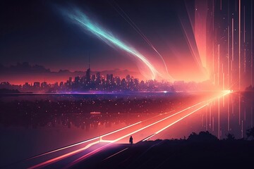 Abstract colored light lines over the city of the future