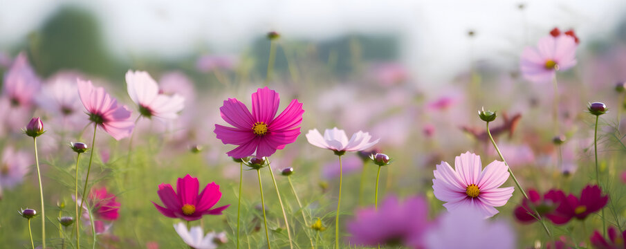 Pink Cosmos Flowers in the Field, Summer Background: AI Generated Image