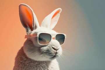 Abstract image of a white rabbit in white sunglasses on a light background of one color