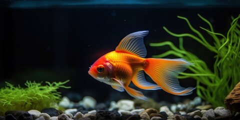 A fish swimming gracefully in a beautifully designed aquarium, set against a tranquil, aquatic background, concept of Harmonious environment, created with Generative AI technology